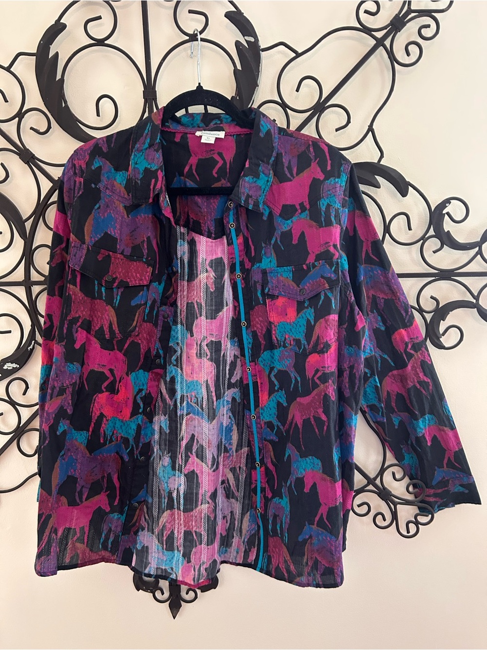 Sundance Black Blouse with Magenta & Teal Horse Motif